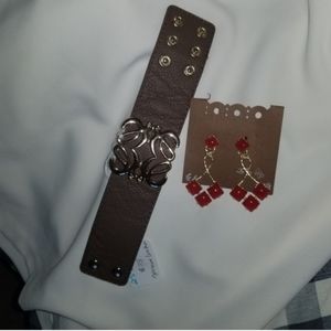 Genuine leather.cuff and jewel tone earrings